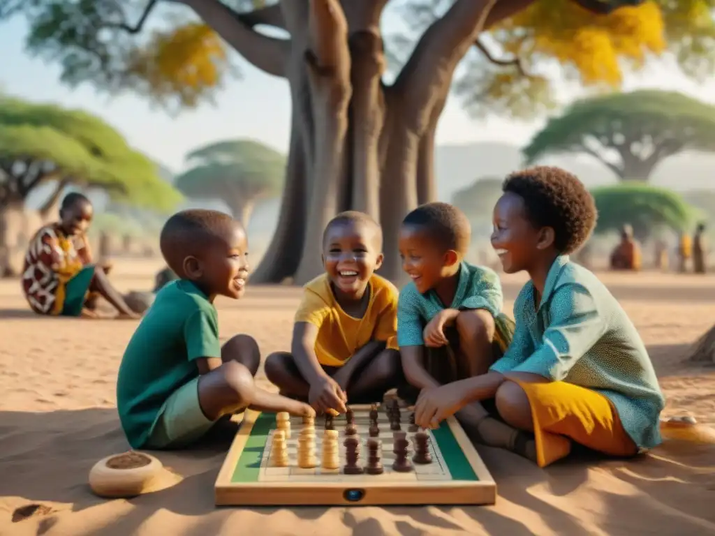 Niños africanos revitalizan juegos tradicionales bajo baobab junto a la naturaleza