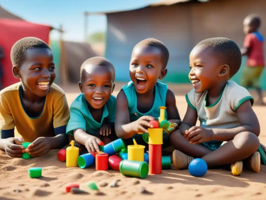 Niños africanos disfrutan de juegos tradicionales fabricados con materiales reciclados bajo el sol africano