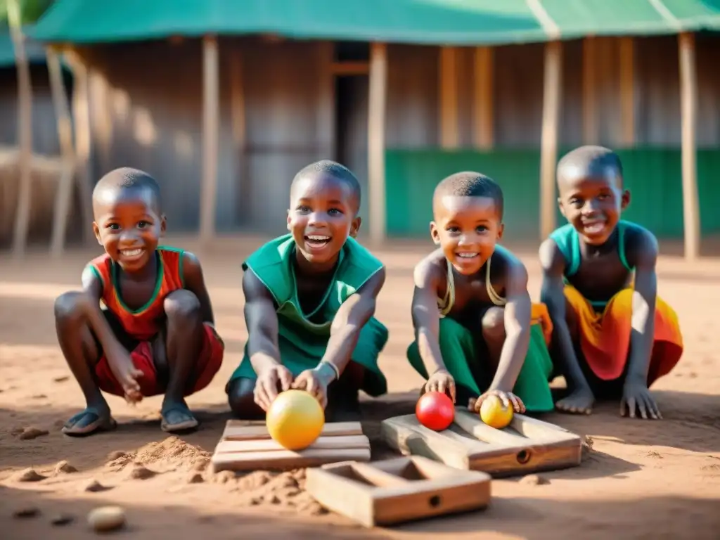 Niños africanos juegan con juguetes de madera, rodeados de color y tradición, reflejando la riqueza de los juegos deportivos africanos tradicionales