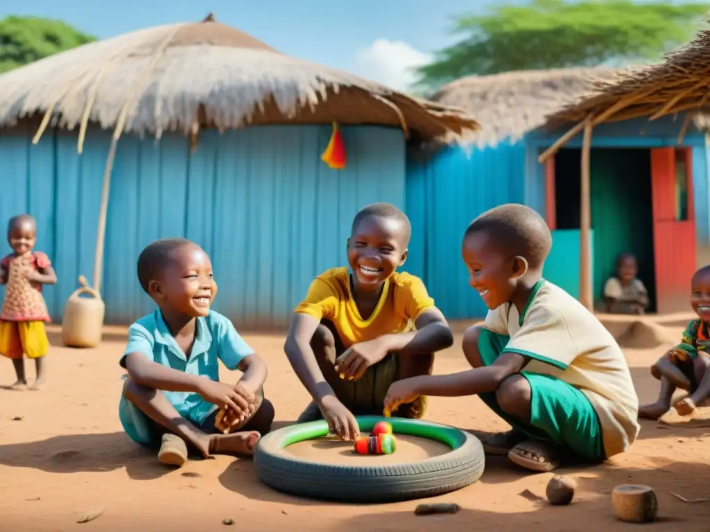 Niños africanos juegan con juguetes tradicionales fabricados con materiales reciclados en aldea vibrante