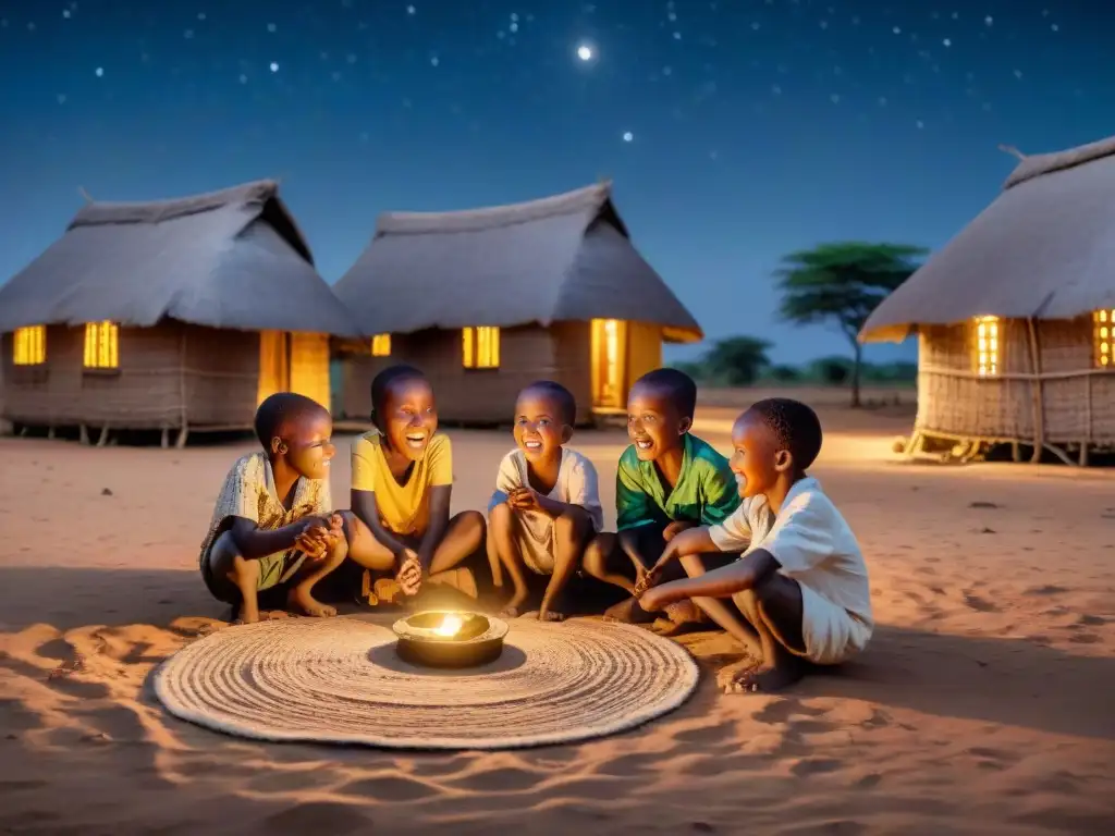 Niños africanos juegan bajo la luna en aldea, resaltando la importancia de los juegos nocturnos en comunidades africanas