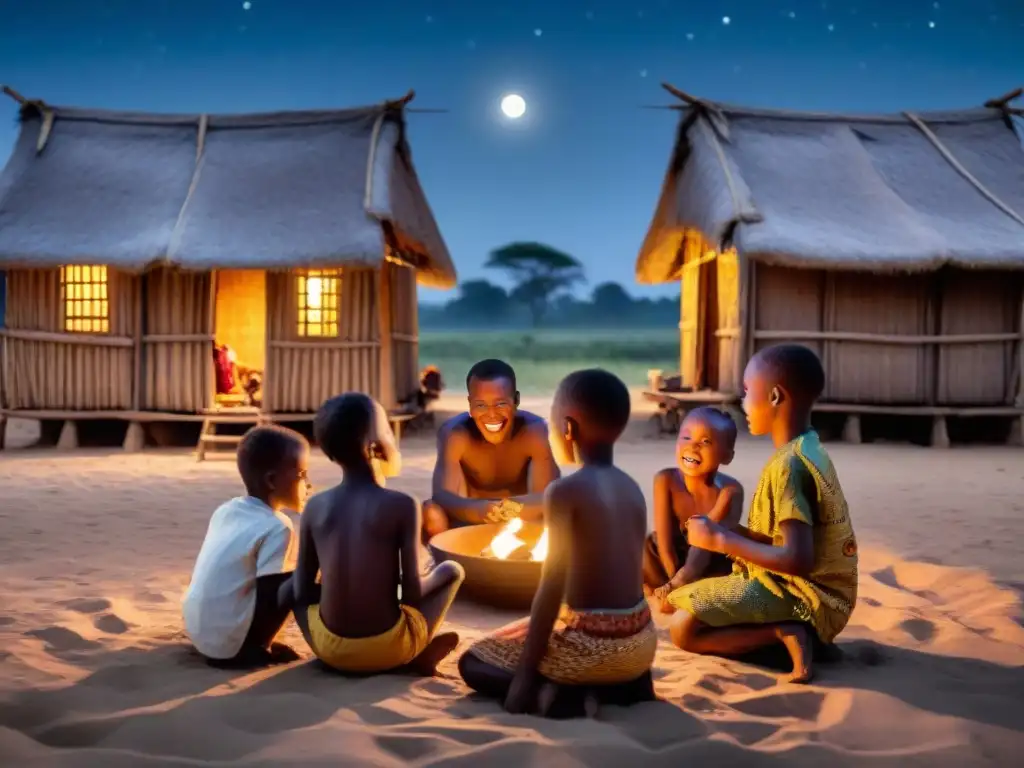 Niños africanos juegan bajo la luna en comunidad, resaltando la importancia de juegos nocturnos en comunidades africanas