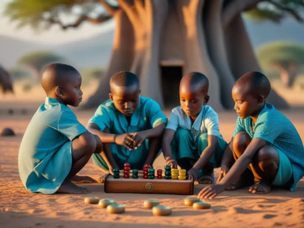 Niños africanos juegan Mancala bajo un baobab al atardecer, resaltando la importancia de los juegos tradicionales en tribus africanas