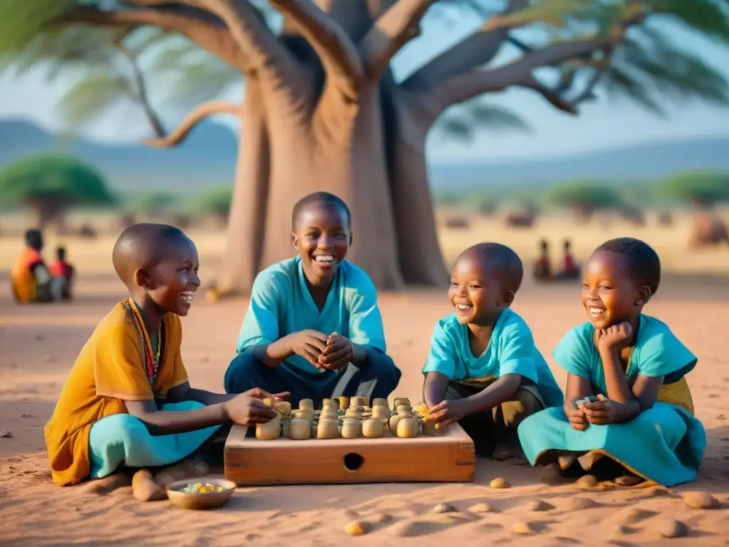 Niños africanos juegan Mancala bajo un baobab, adaptación juegos europeos en África