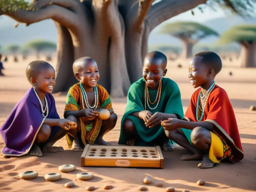 Niños africanos juegan Mancala bajo baobab, reviviendo juegos tradicionales africanos