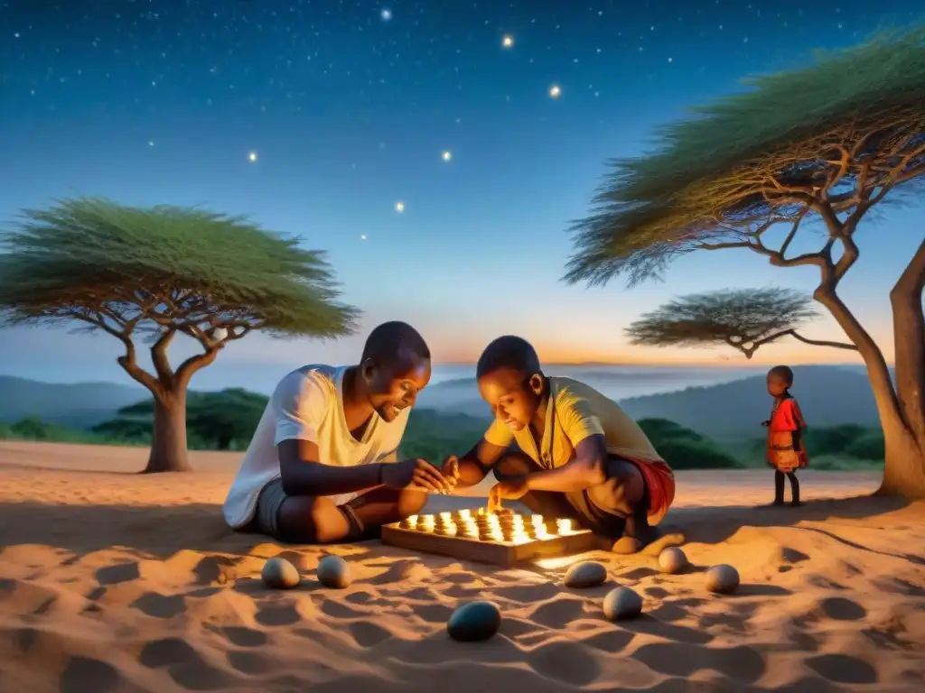 Niños africanos juegan mancala bajo la luna, fomentando la unión comunitaria