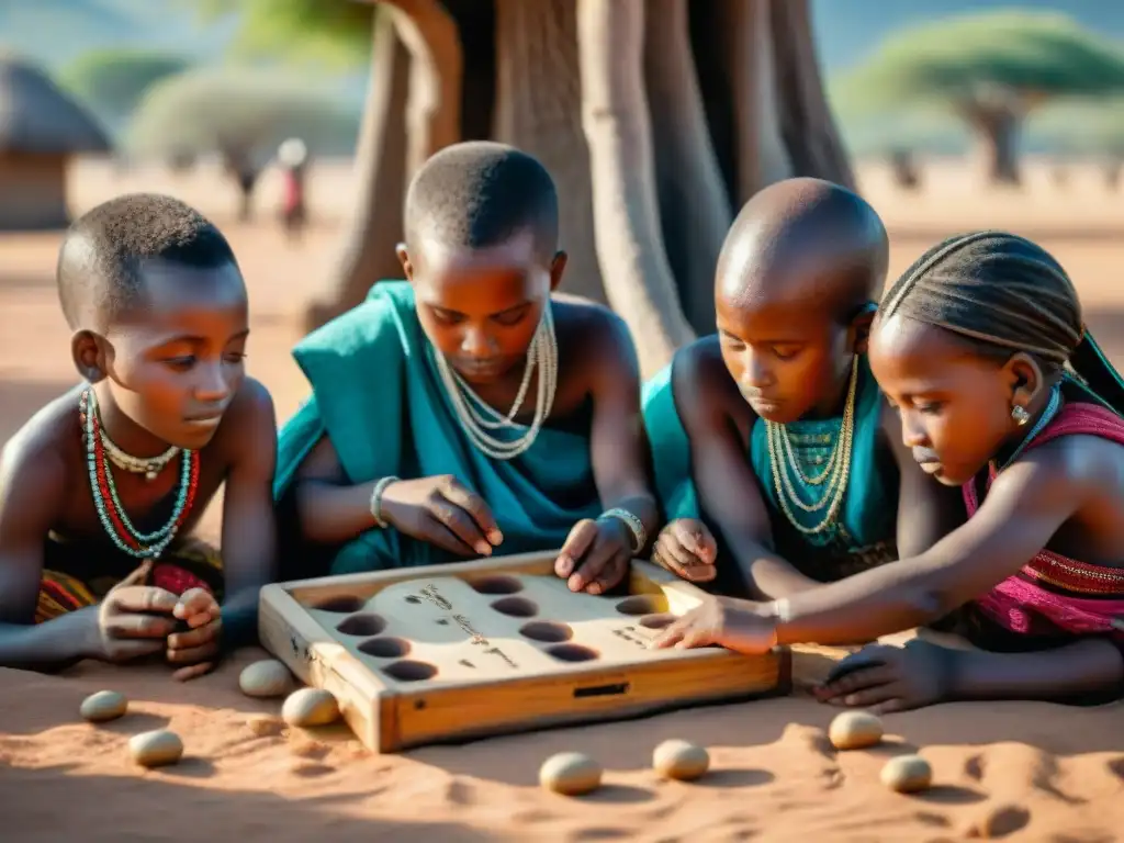 Niños africanos juegan Mancala bajo baobab