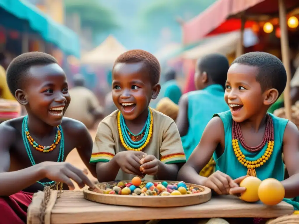 Niños africanos juegan con materiales reciclados en bullicioso mercado, mostrando alegría y camaradería