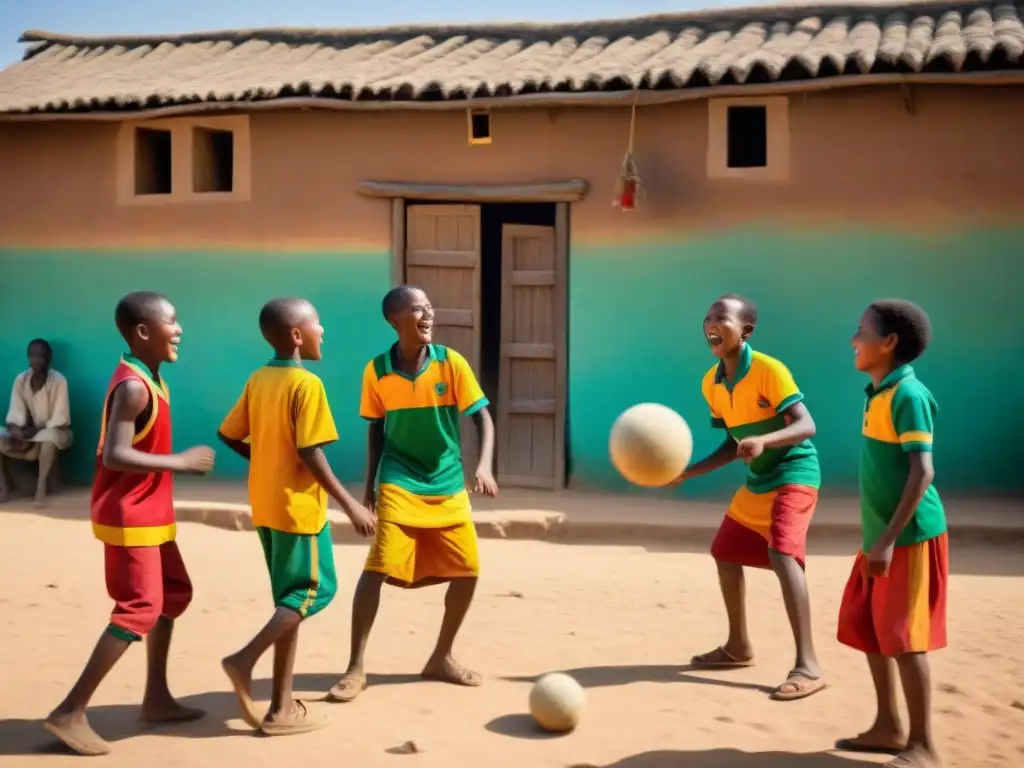 Niños africanos juegan pelota tradicional en plaza polvorienta bajo el sol, rodeados de aldeanos sonrientes