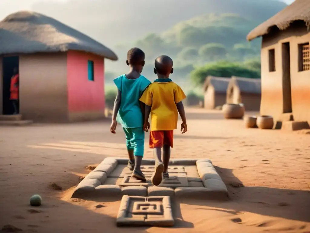 Niños africanos juegan a la rayuela en una aldea rural, mostrando adaptación de juegos europeos en África