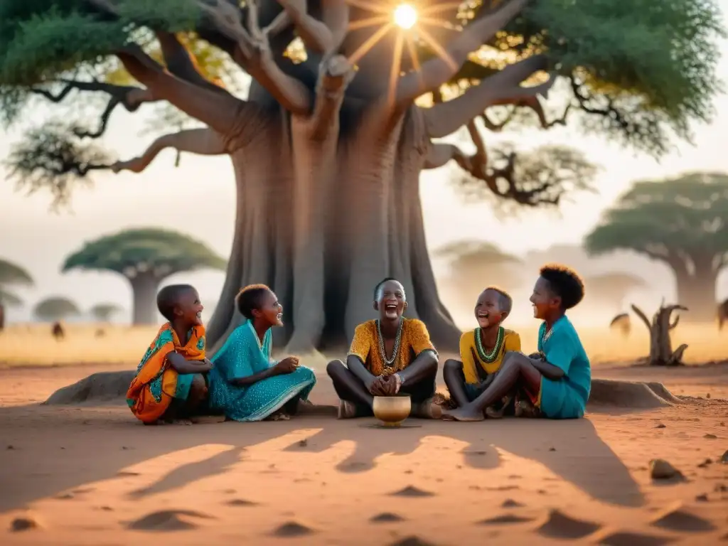 Niños africanos juegan bajo un baobab, preservación tradiciones lúdicas África