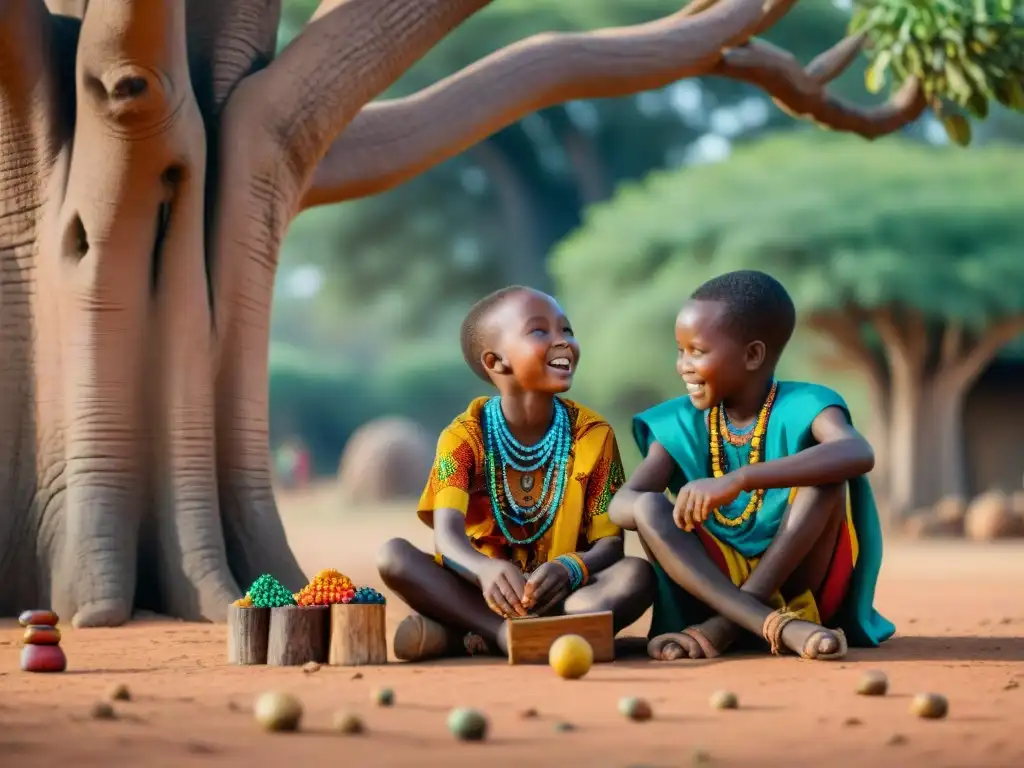 Niños africanos preservando tradiciones lúdicas bajo un baobab, con juguetes y cuentas coloridas