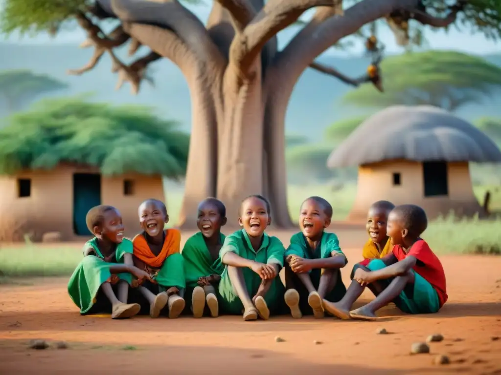 Niños juegan Ampe bajo baobab en aldea africana: historia juegos niños África tradición