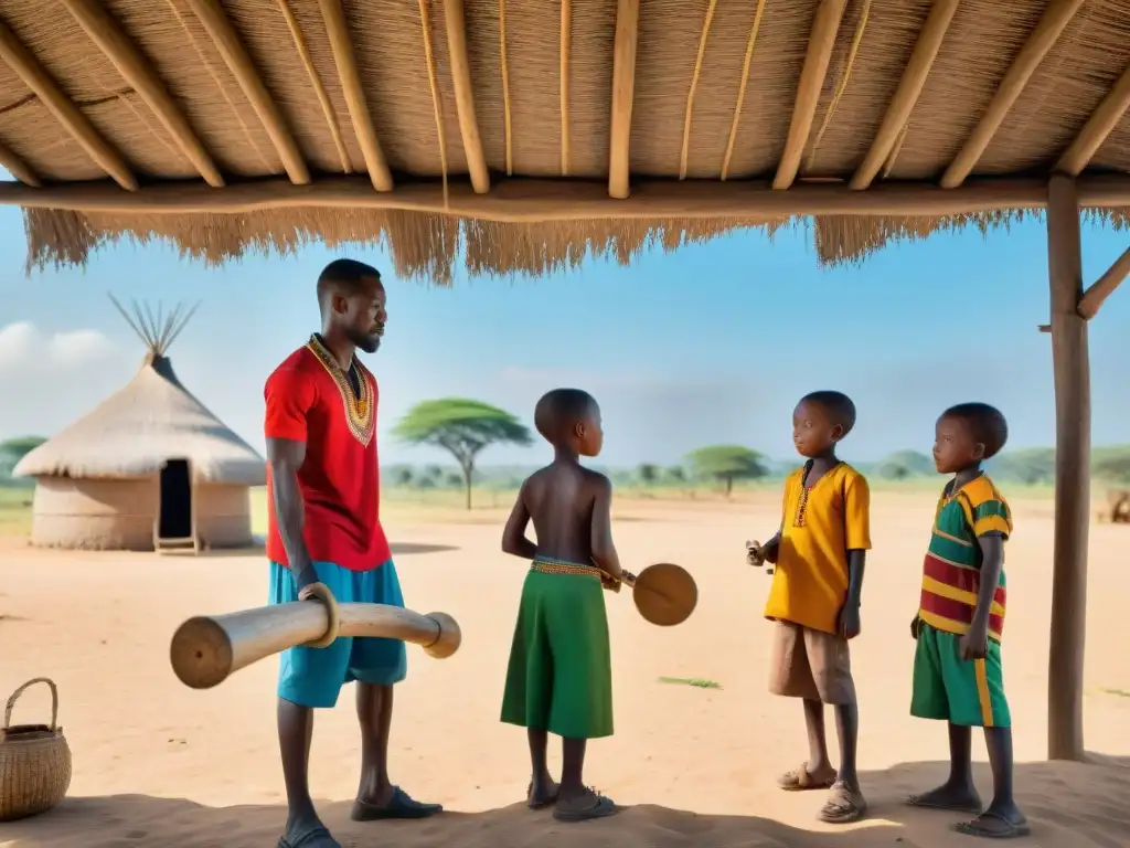 Niños en una aldea africana juegan con hondas de madera