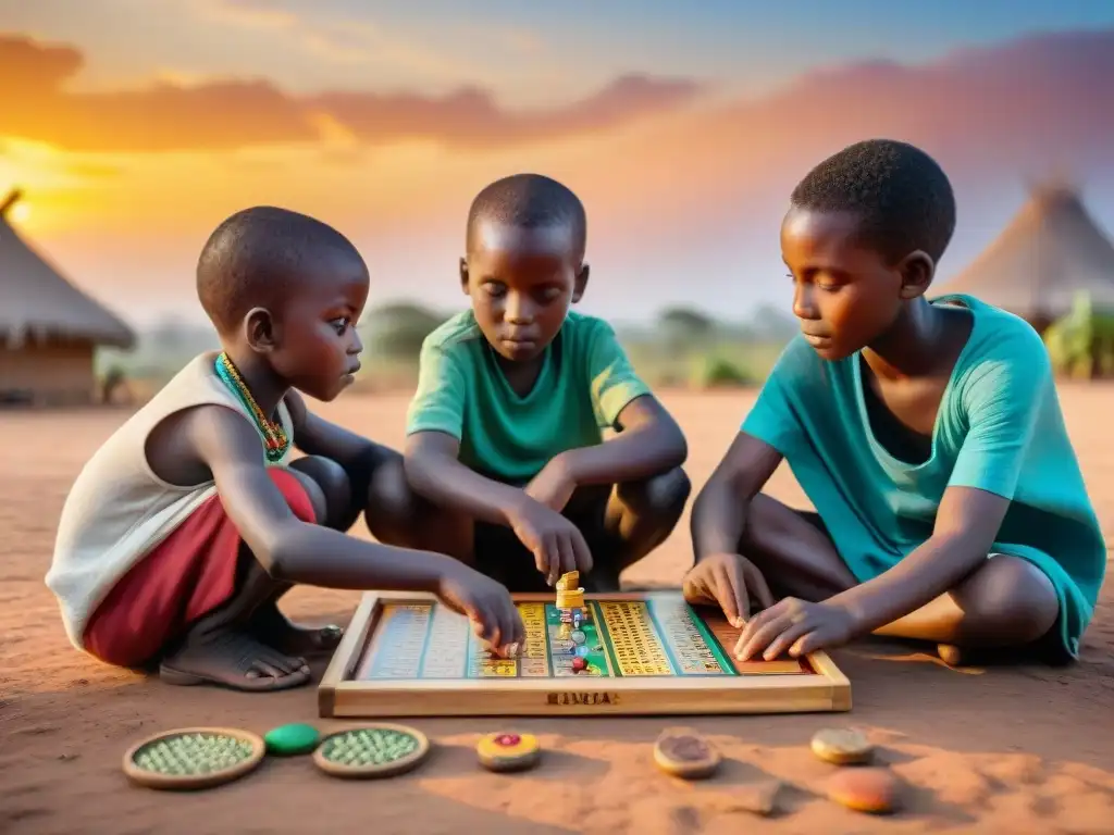 Niños en aldea africana juegan estratégicamente, con juegos tradicionales, en atardecer vibrante