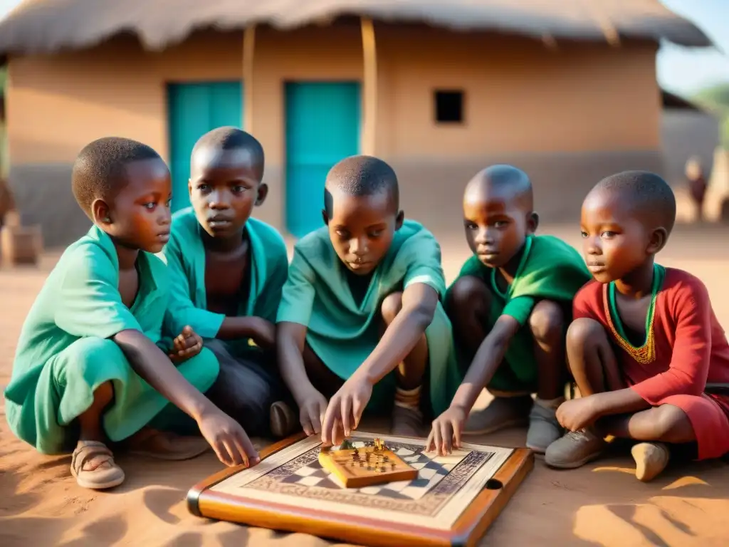 Niños en aldea africana, juegan con tablero de madera tallado, fusionando tradición y modernidad