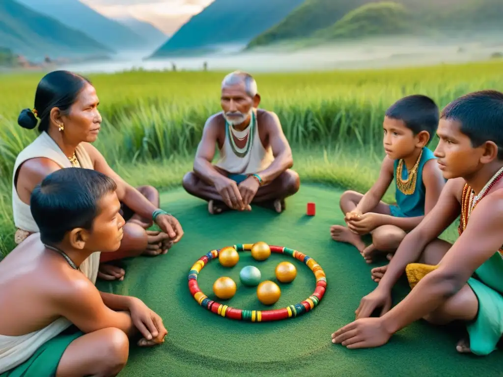 Niños y ancianos indígenas juegan tradicionalmente en círculo, resaltando preservación juegos indígenas culturas