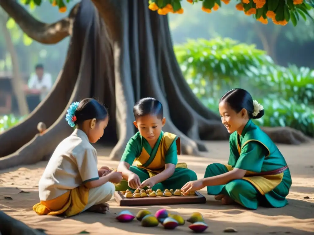 Niños disfrutan de un animado juego de congkak bajo un árbol de baniano, rodeados de flores vibrantes y vegetación exuberante