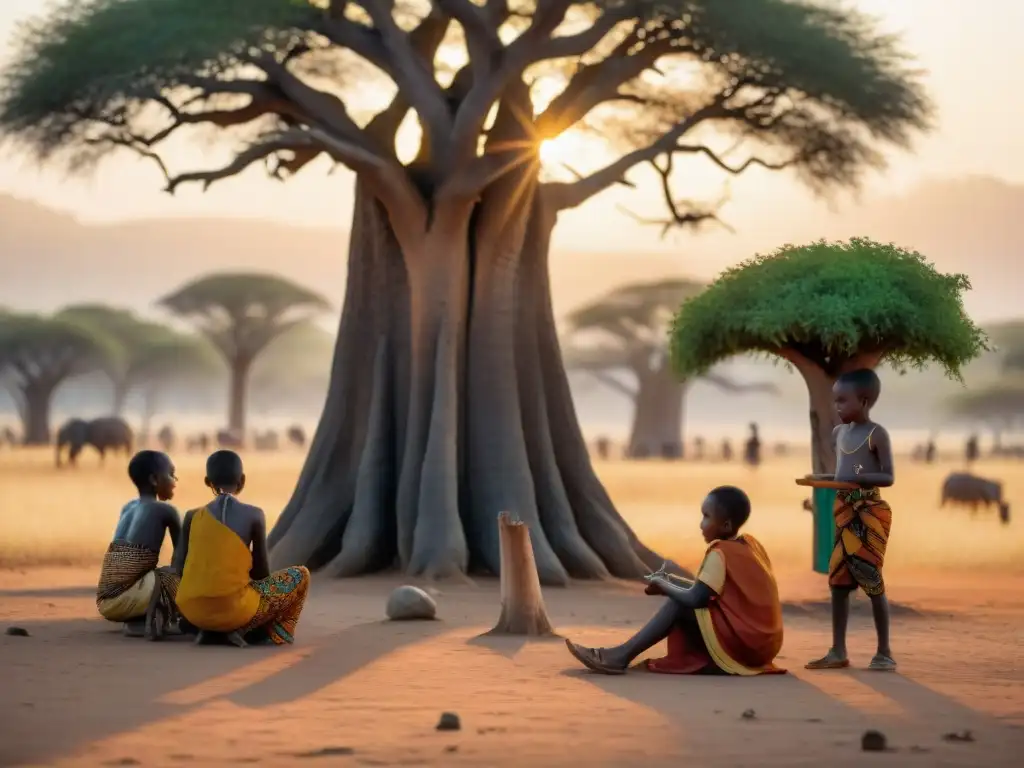 Niños jugando un animado juego tradicional africano bajo un baobab al atardecer