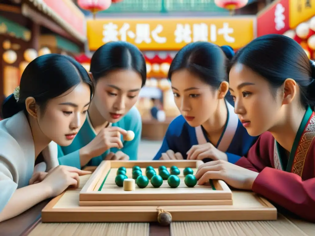 Niños asiáticos juegan Go, Mahjong y Shogi en un bullicioso mercado, mostrando concentración y desarrollo cognitivo