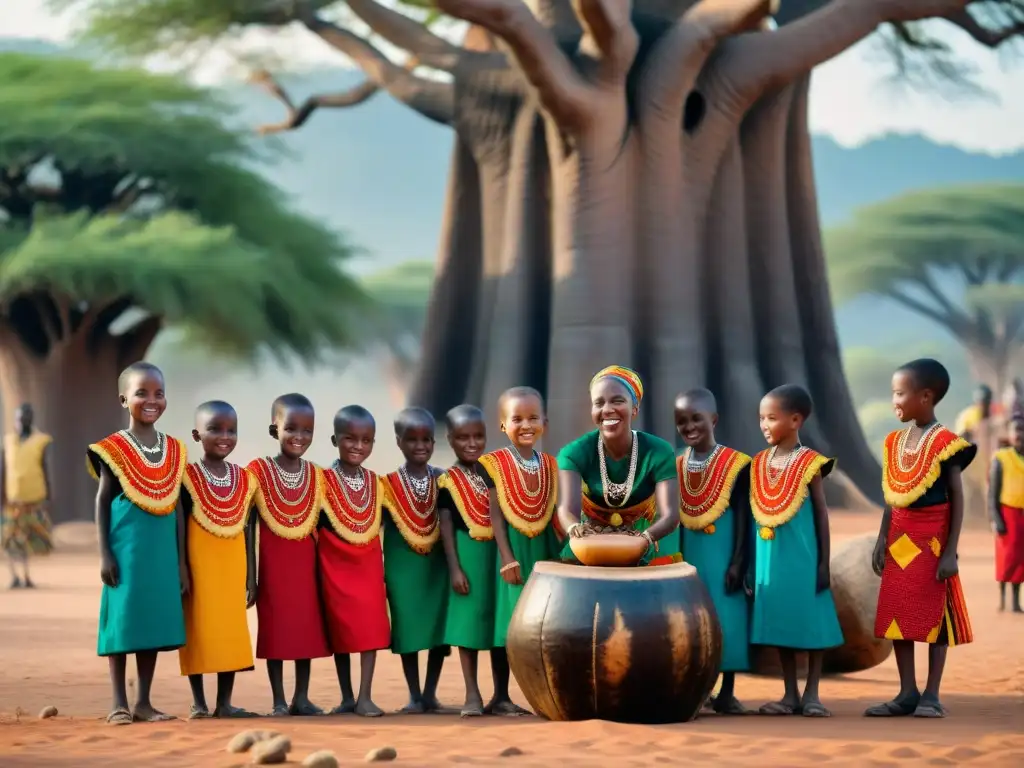 Niños en atuendos africanos revitalizan juegos tradicionales bajo un baobab, fusionando cultura e innovación