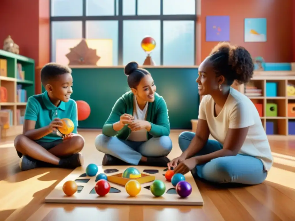 Niños diversos juegan colaborativamente en un aula colorida, rodeados de juguetes y libros educativos