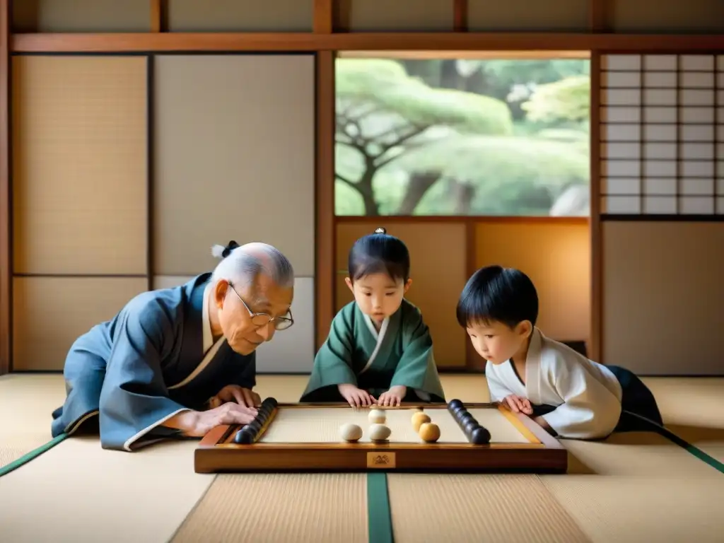 Niños disfrutan los beneficios del juego de Go con maestro sabio en tradicional dojo japonés