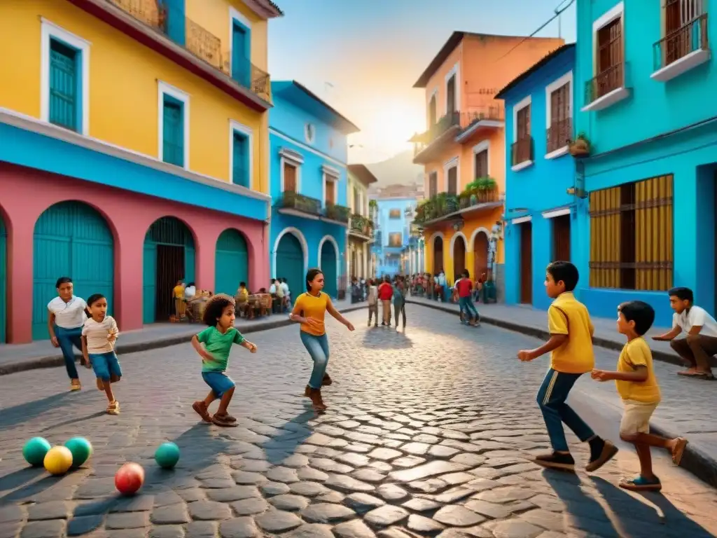 Niños juegan en la calle en una ciudad latinoamericana, mostrando la alegría y origen juegos callejeros Latinoamérica