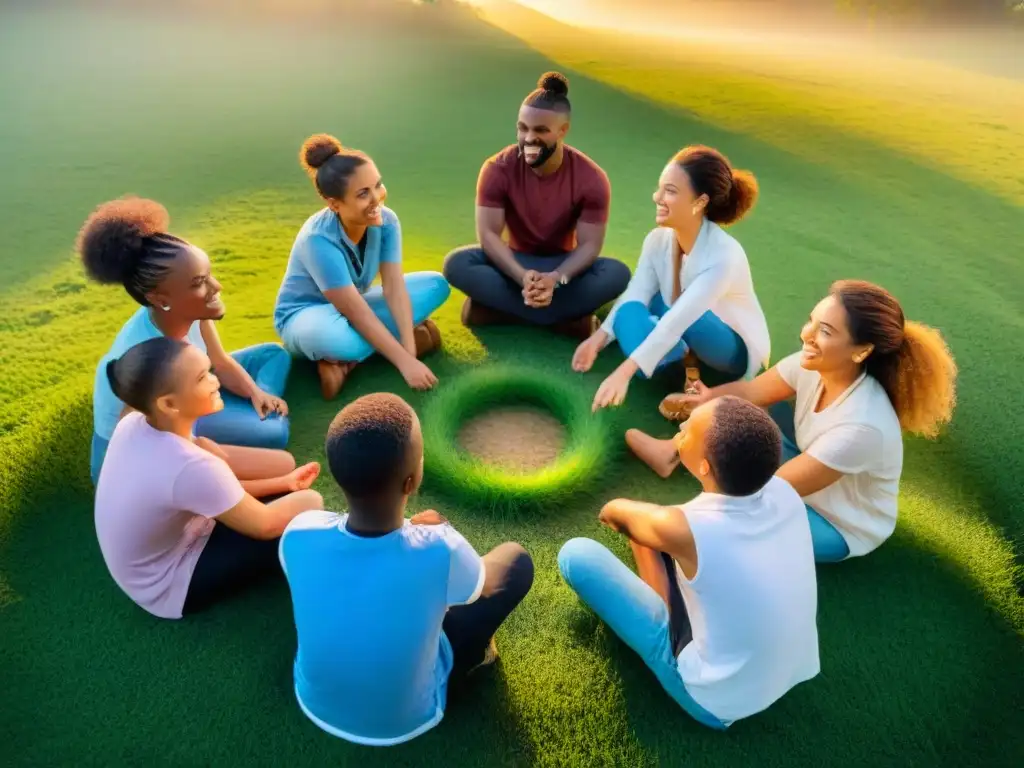 Niños diversos juegan en círculo al atardecer, demostrando habilidades interpersonales