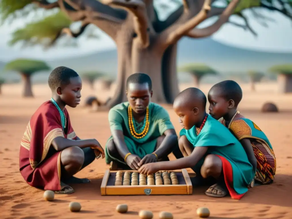 Niños en círculo bajo un baobab, concentrados en un juego de Mancala