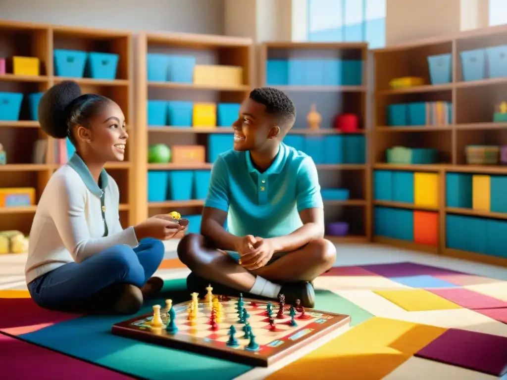 Niños concentrados y emocionados juegan estratégicamente en el aula soleada