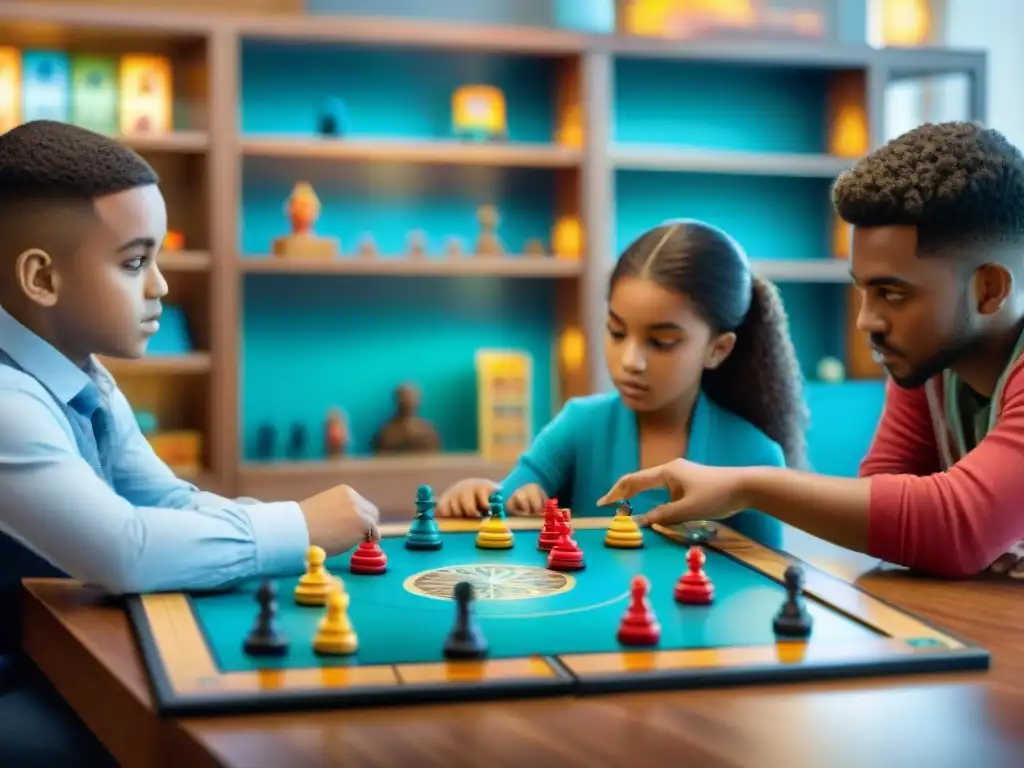 Niños disfrutando de juego de estrategia en mesa colorida Niños concentrados en juego estratégico, aprendiendo tácticas