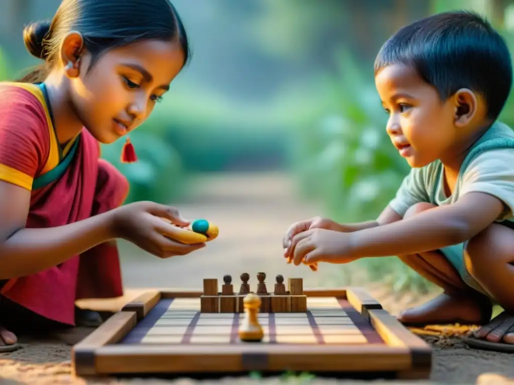 Niños concentrados jugando un juego tradicional al aire libre, reflejando los principios universales en juegos tradicionales