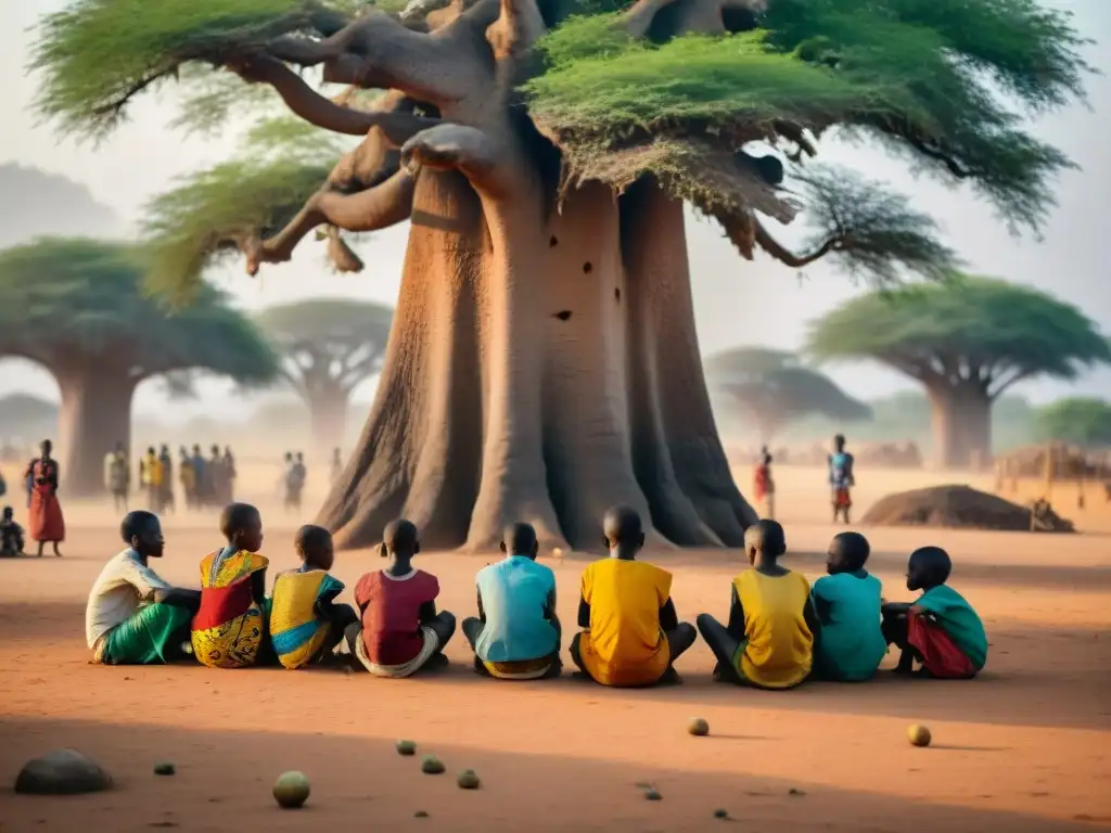 Niños concentrados en el Juego tradicional Ayoayo África Occidental bajo baobab en aldea rural