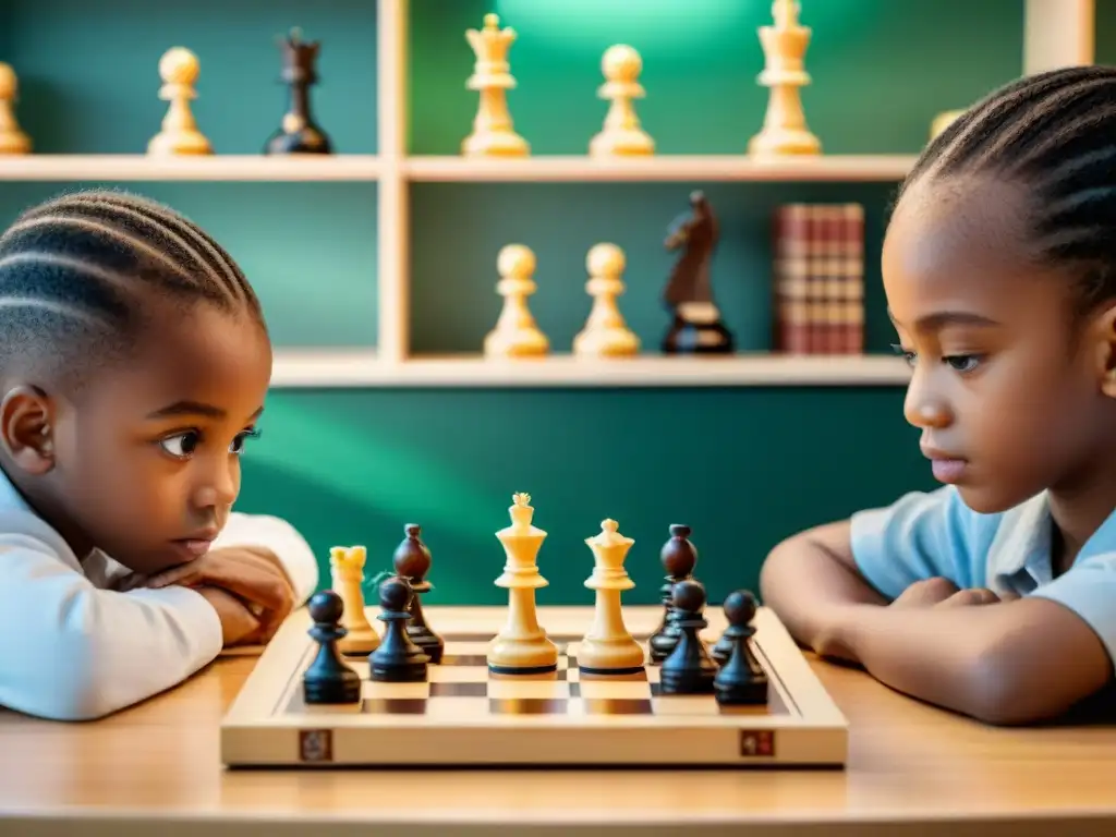 Niños concentrados en una partida de ajedrez, aprendiendo estrategias básicas de ajedrez para niños en aula luminosa