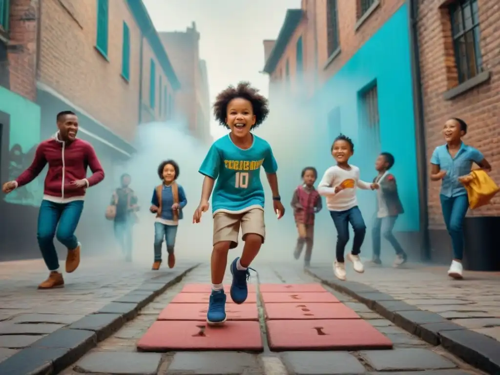 Niños de diversas culturas juegan animadamente al aire libre, reviviendo los Juegos de calle en renacimiento en la ciudad