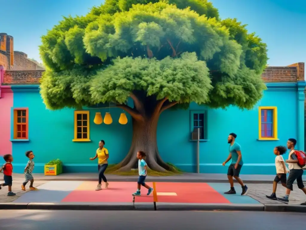 Niños de diversas culturas juegan en la calle, rodeados de murales coloridos y un árbol frondoso