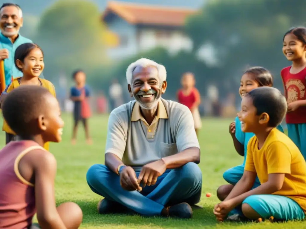 An elderly man sonríe mientras niños de diferentes culturas juegan en campo, transmitiendo alegría y camaradería