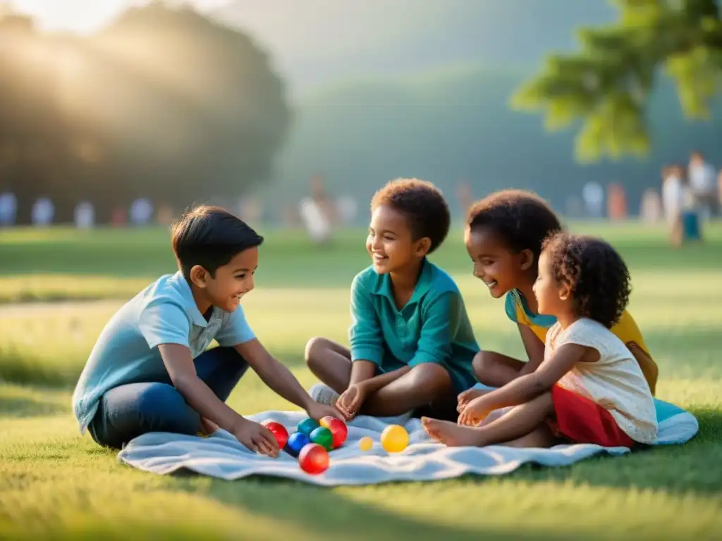 Niños de distintas culturas juegan en el campo, disfrutando de pasatiempos clásicos que fomentan su desarrollo emocional