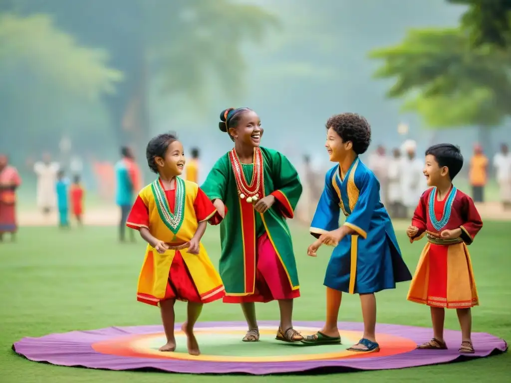 Niños de diversas culturas juegan con entusiasmo en un parque verde, promoviendo prácticas sostenibles de juego