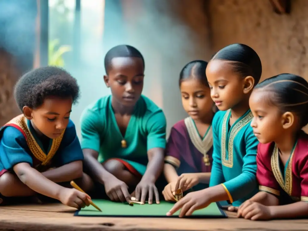 Niños de diversas culturas participan entusiastas en juegos educativos, rodeados de herramientas tradicionales