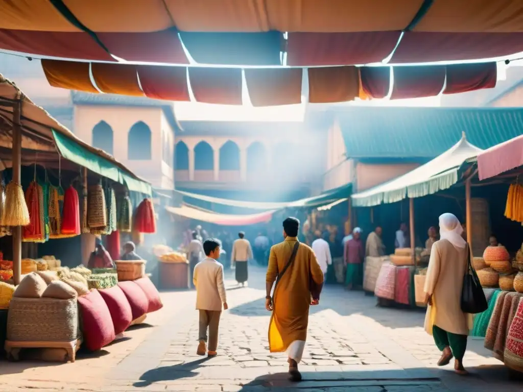 Niños de diversas culturas juegan al escondite en un bullicioso mercado del Medio Oriente al atardecer, mostrando la diversidad del juego