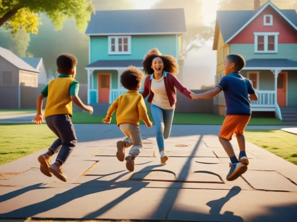 Niños de diversas culturas juegan felices en un parque vibrante, disfrutando de juegos tradicionales