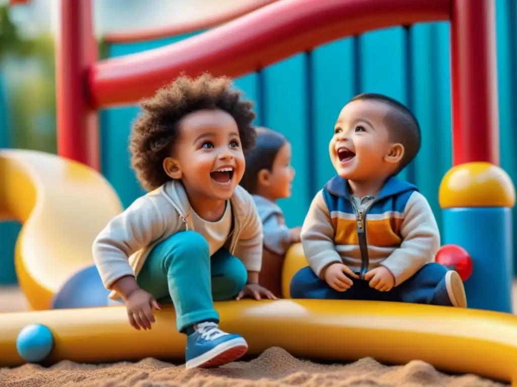 Niños de distintas culturas juegan felices en un patio colorido, representando la globalización de juegos infantiles tradicionales