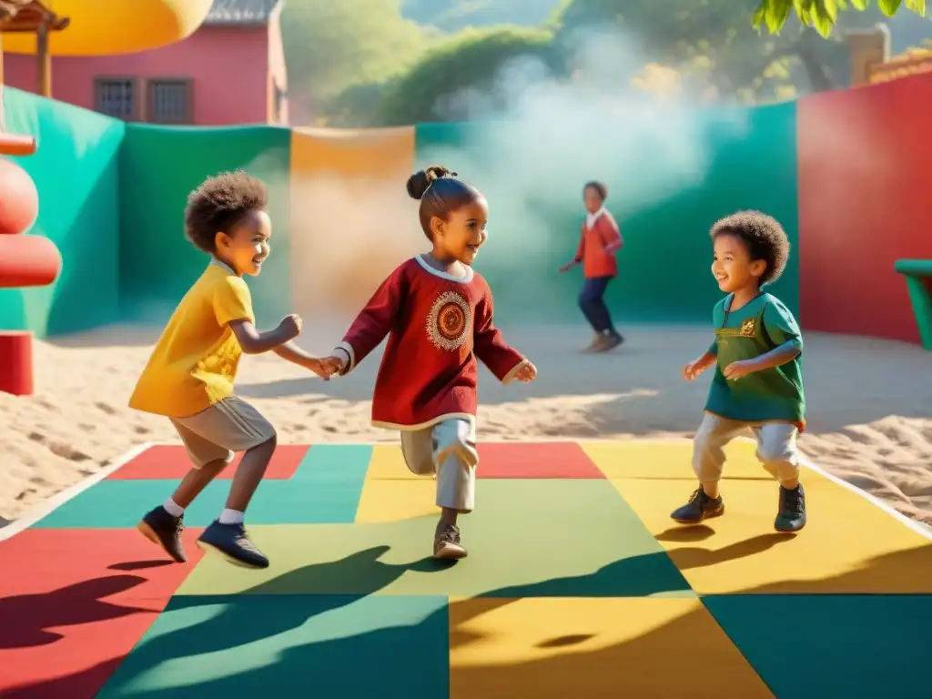 Niños de diversas culturas juegan felices en un vibrante parque multicultural, celebrando los Juegos tradicionales de diferentes culturas