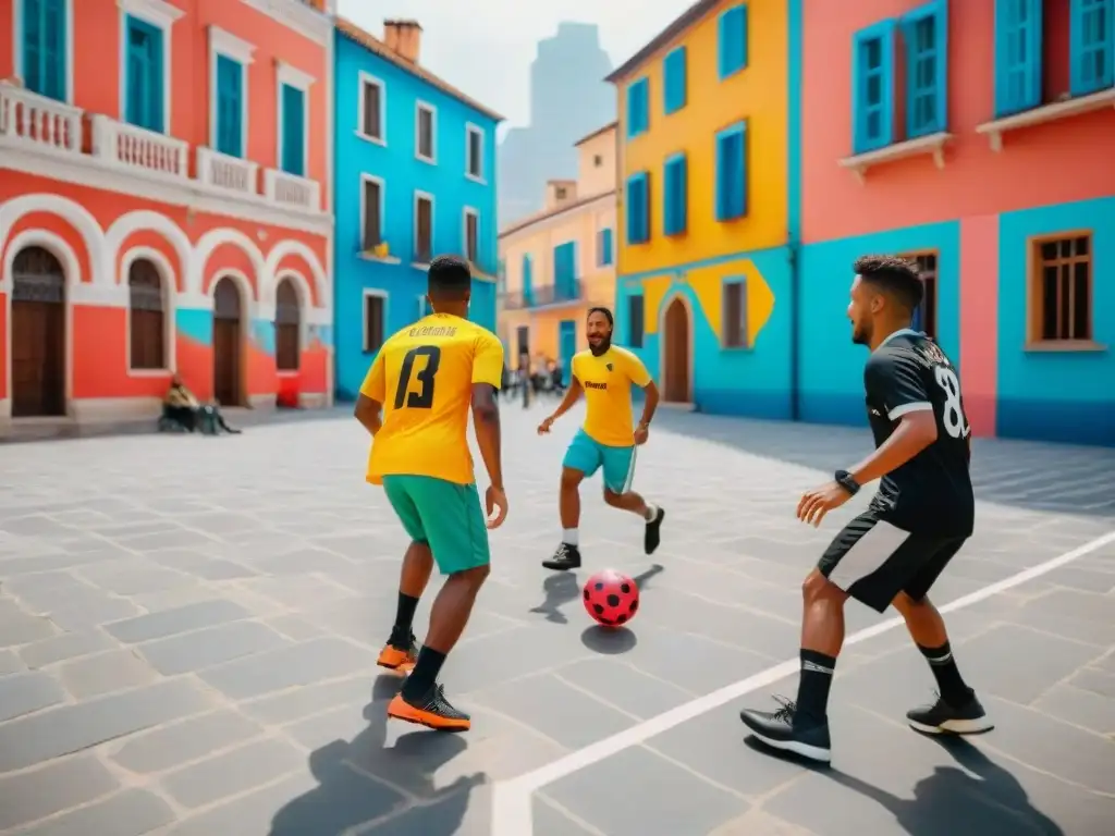 Niños de diferentes culturas juegan fútbol callejero en plaza urbana, fusionando tradición y modernidad