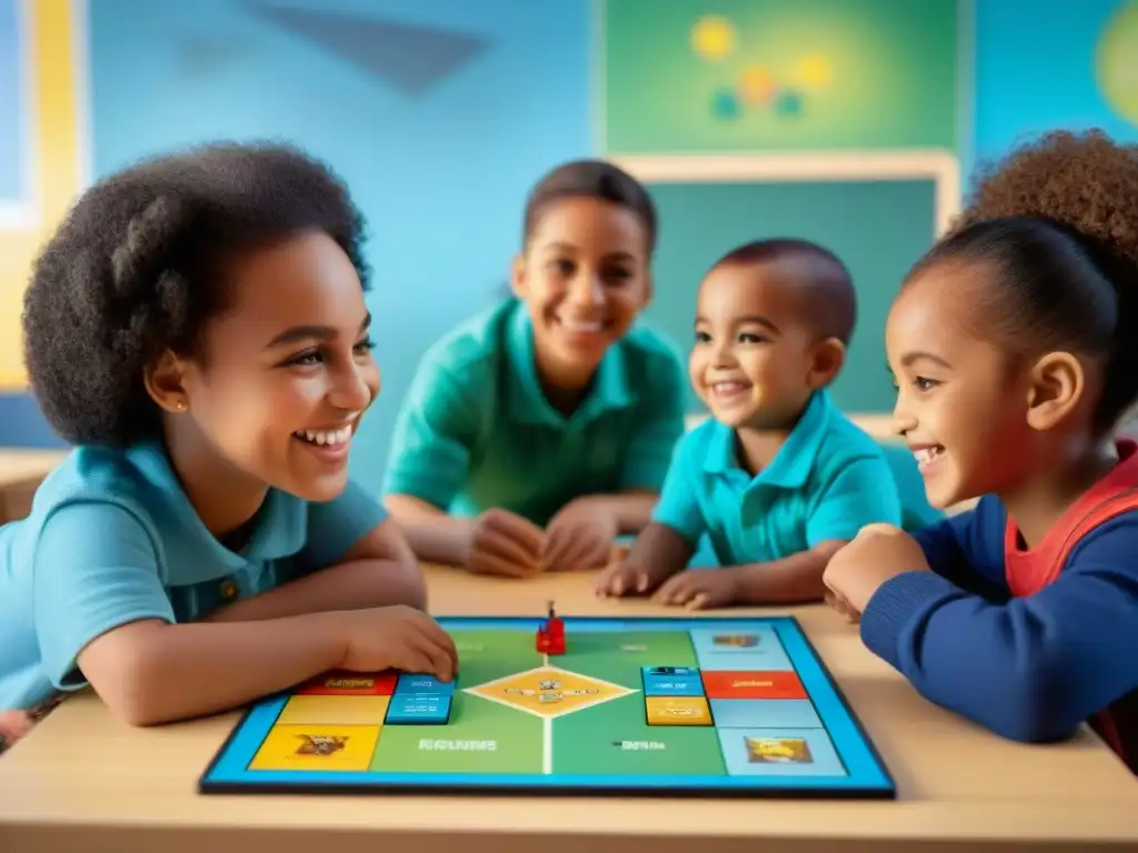 Niños de diferentes culturas juegan un juego educativo, fomentando habilidades sociales en un aula vibrante