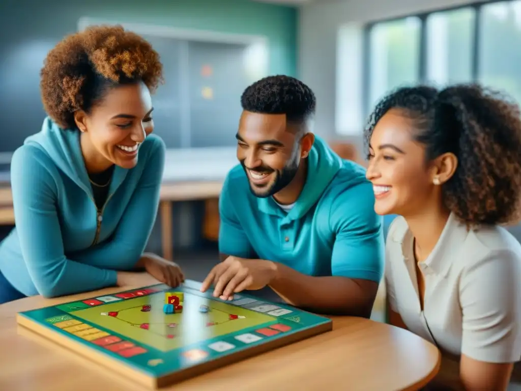 Niños de diversas culturas juegan un juego educativo en clase, fomentando habilidades sociales