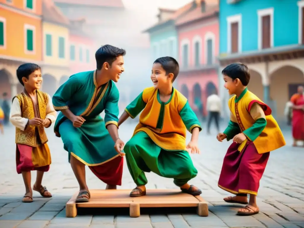 Niños de diversas culturas juegan un juego tradicional en una plaza colorida, mostrando la adaptación de juegos tradicionales globales