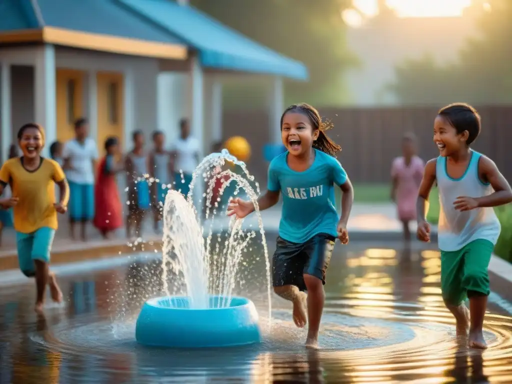 Niños de diversas culturas disfrutan de juegos de agua educativos, como relevos y globos de agua, expresando alegría y conexión universal